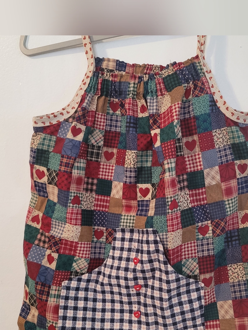 Vintage Patchwork Tank Top Cottagecore Handmade Quilt Style Hearts Plaid Girl
